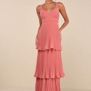 Lulus Luxe Perfection Rusty Rose Pleated Tiered Backless Maxi Dress Pink